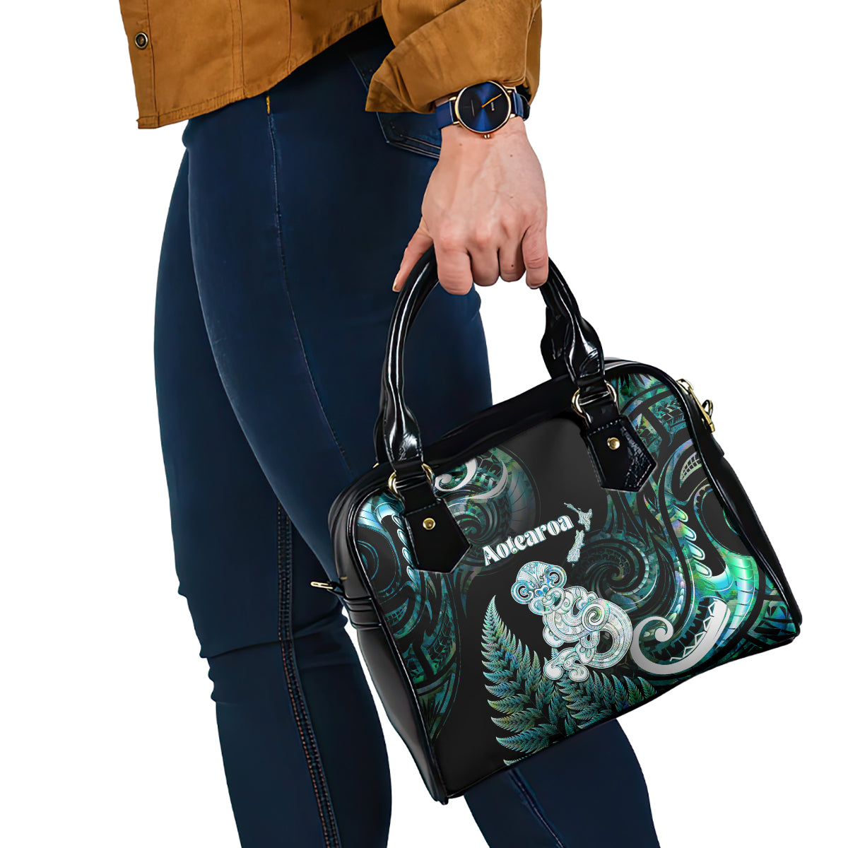 New Zealand Maori Taniwha Shoulder Handbag Silver Fern Paua Shell Version