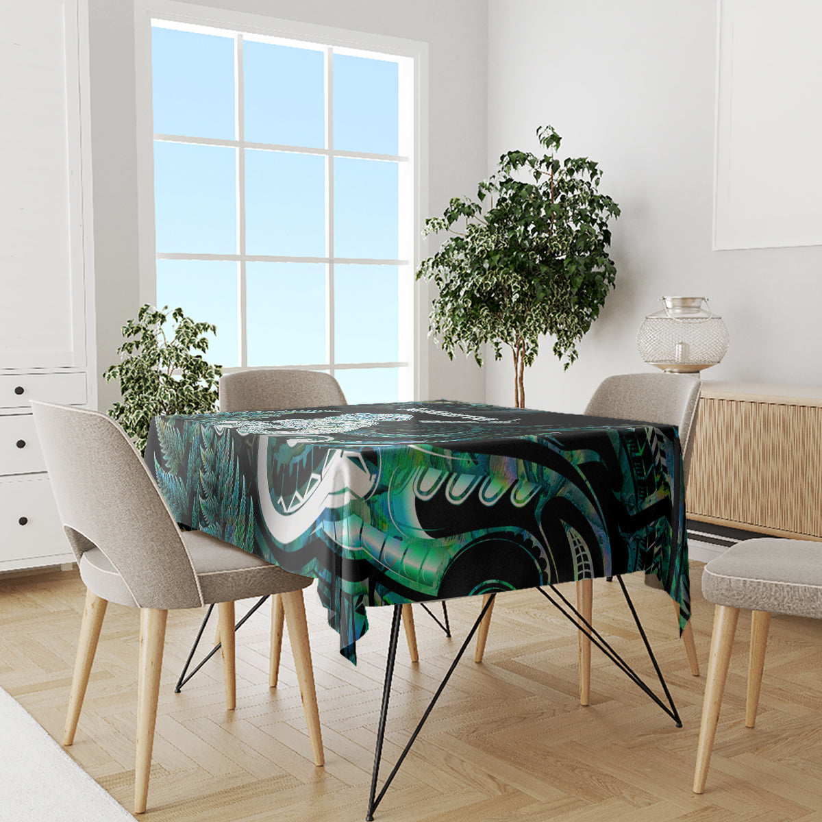 New Zealand Maori Taniwha Tablecloth Silver Fern Paua Shell Version