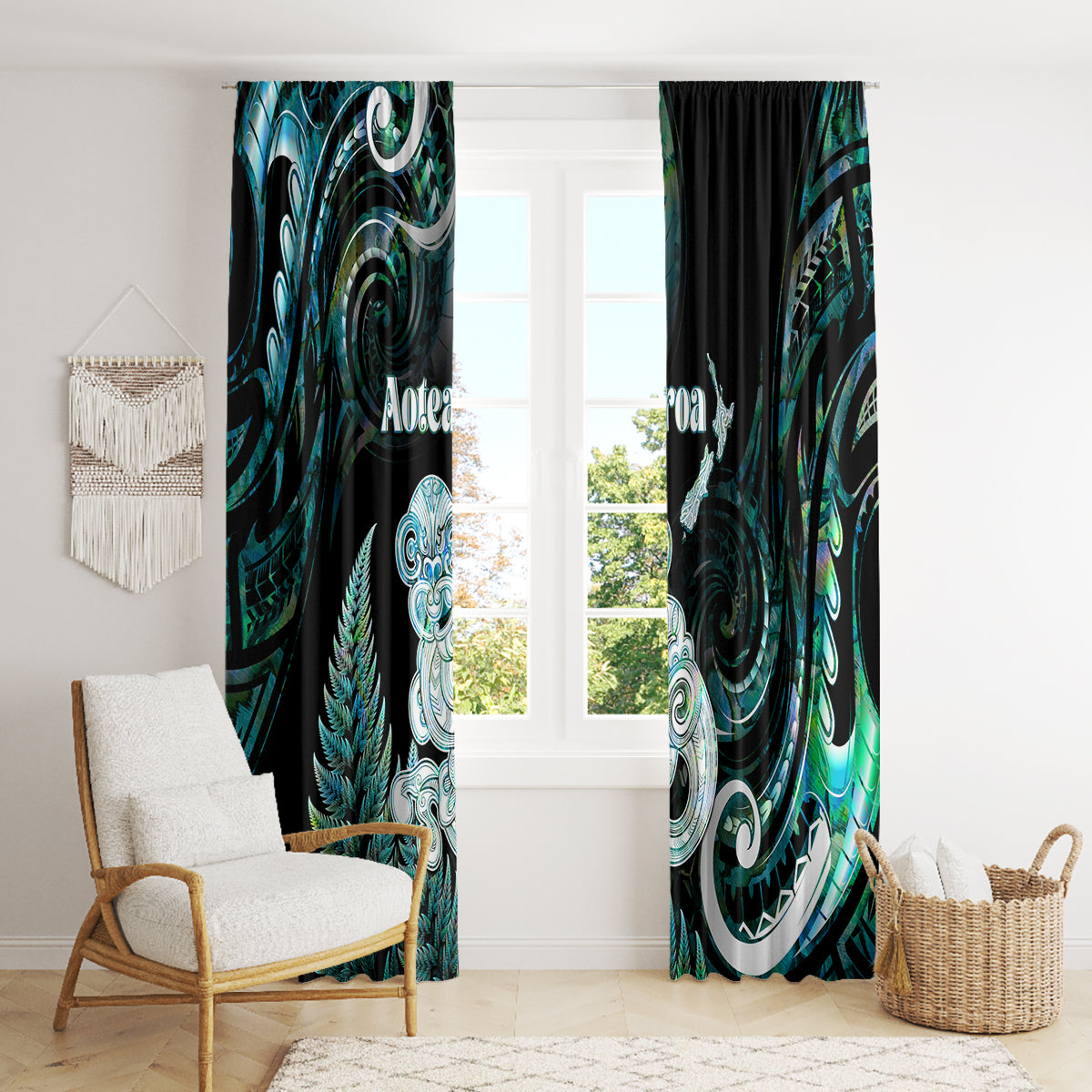 New Zealand Maori Taniwha Window Curtain Silver Fern Paua Shell Version