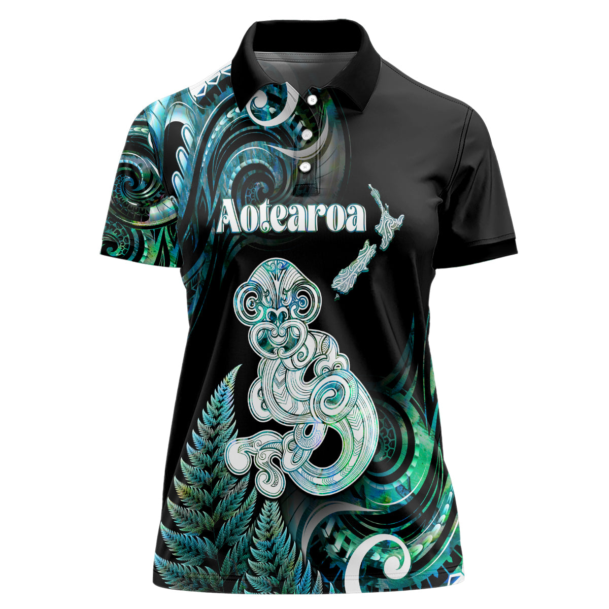 Personalised New Zealand Maori Taniwha Women Polo Shirt Silver Fern Paua Shell Version LT05 Female Turquoise - Polynesian Pride