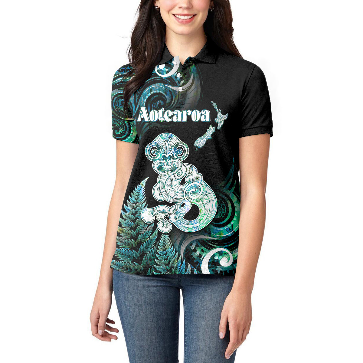Personalised New Zealand Maori Taniwha Women Polo Shirt Silver Fern Paua Shell Version LT05 - Polynesian Pride
