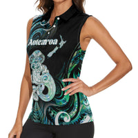 Personalised New Zealand Maori Taniwha Women Sleeveless Polo Shirt Silver Fern Paua Shell Version LT05 - Polynesian Pride