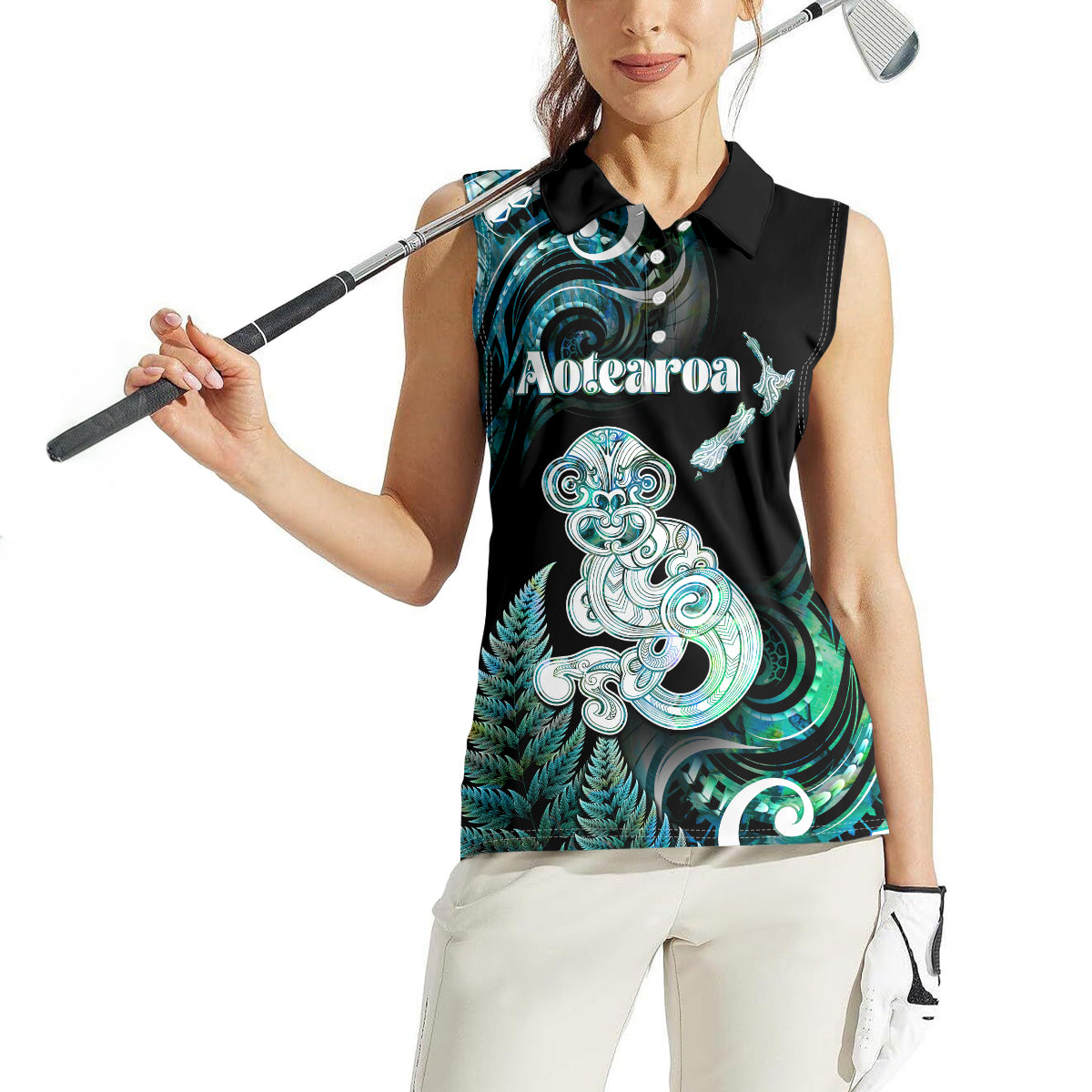 Personalised New Zealand Maori Taniwha Women Sleeveless Polo Shirt Silver Fern Paua Shell Version LT05 - Polynesian Pride