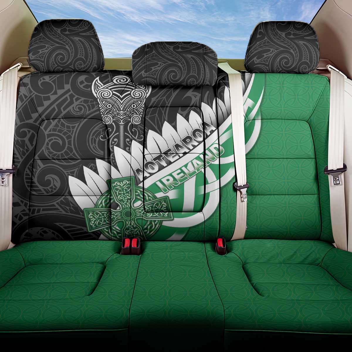 New Zealand And Ireland Rugby Back Car Seat Cover Silver Fern With Celtic Cross LT05 One Size Green - Polynesian Pride