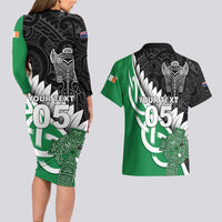 New Zealand And Ireland Rugby Custom Couples Matching Long Sleeve Bodycon Dress and Hawaiian Shirt Silver Fern With Celtic Cross LT05 - Polynesian Pride