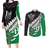 New Zealand And Ireland Rugby Custom Couples Matching Long Sleeve Bodycon Dress and Long Sleeve Button Shirt Silver Fern With Celtic Cross LT05 Green - Polynesian Pride