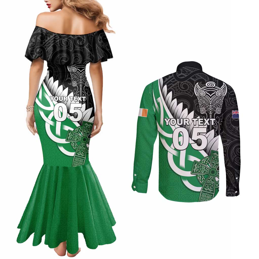 New Zealand And Ireland Rugby Custom Couples Matching Mermaid Dress and Long Sleeve Button Shirt Silver Fern With Celtic Cross LT05 - Polynesian Pride