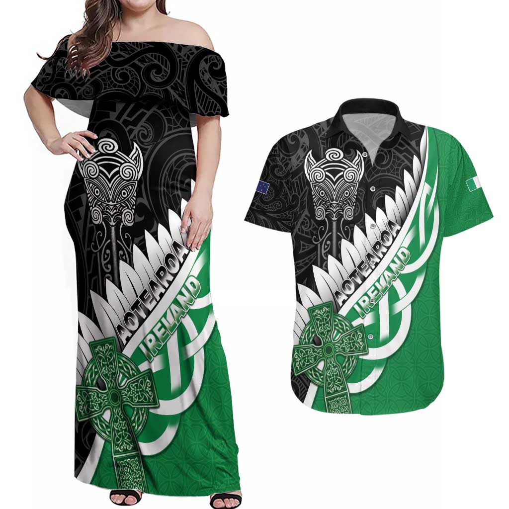 New Zealand And Ireland Rugby Custom Couples Matching Off Shoulder Maxi Dress and Hawaiian Shirt Silver Fern With Celtic Cross LT05 Green - Polynesian Pride