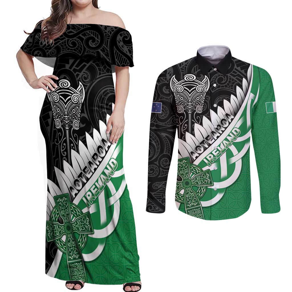 New Zealand And Ireland Rugby Custom Couples Matching Off Shoulder Maxi Dress and Long Sleeve Button Shirt Silver Fern With Celtic Cross LT05 Green - Polynesian Pride