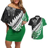 New Zealand And Ireland Rugby Custom Couples Matching Off Shoulder Short Dress and Hawaiian Shirt Silver Fern With Celtic Cross LT05 Green - Polynesian Pride