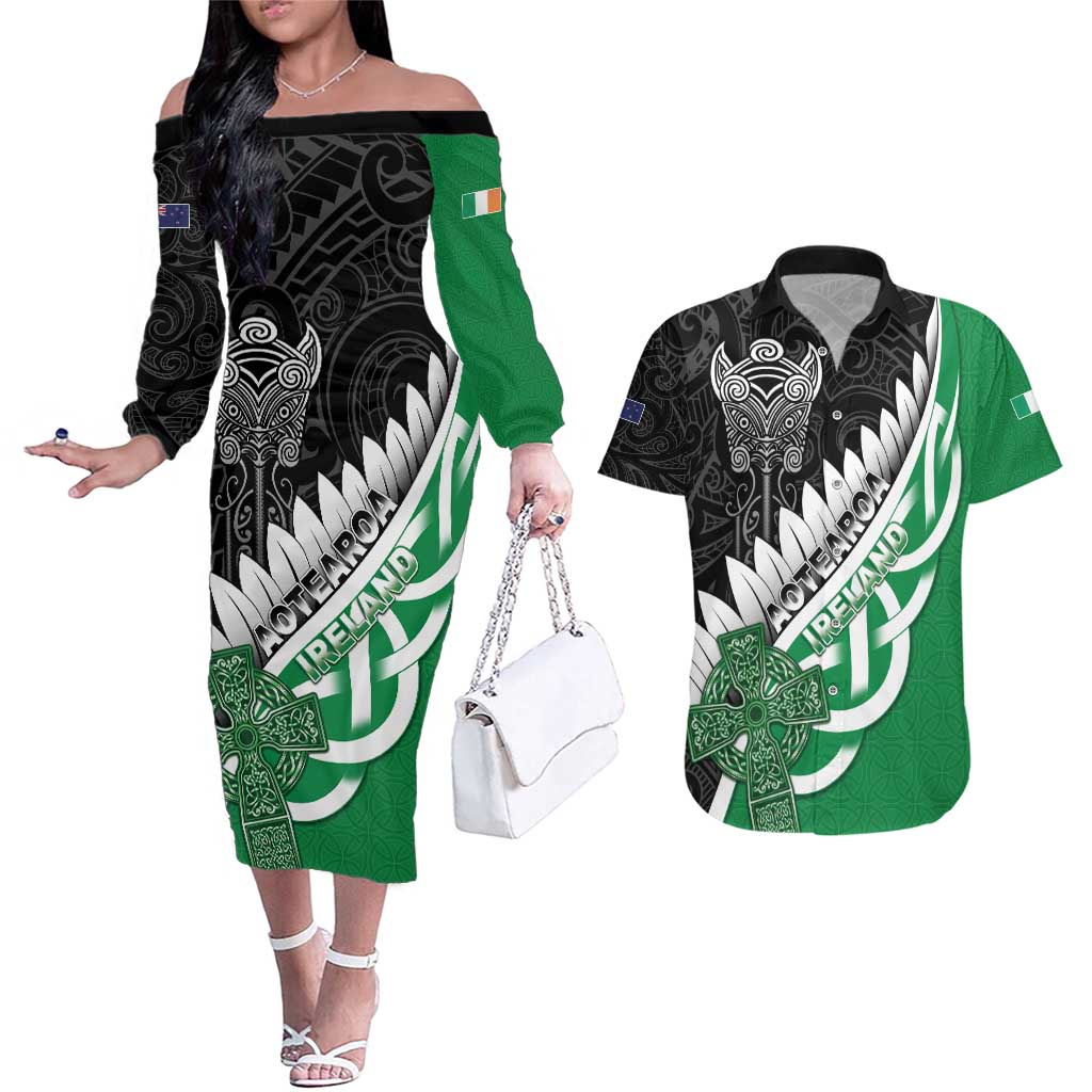 New Zealand And Ireland Rugby Custom Couples Matching Off The Shoulder Long Sleeve Dress and Hawaiian Shirt Silver Fern With Celtic Cross LT05 Green - Polynesian Pride