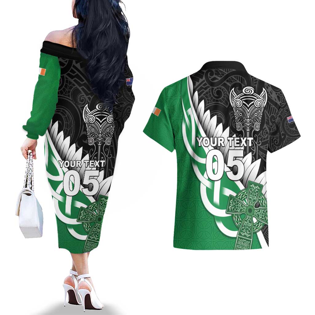 New Zealand And Ireland Rugby Custom Couples Matching Off The Shoulder Long Sleeve Dress and Hawaiian Shirt Silver Fern With Celtic Cross LT05 - Polynesian Pride