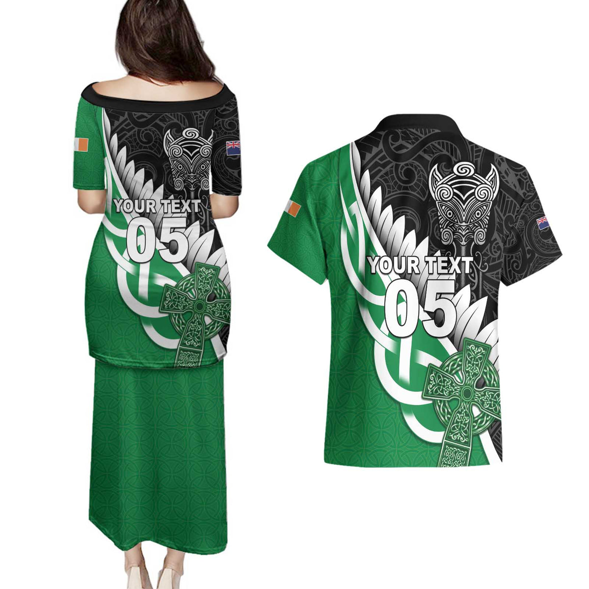 New Zealand And Ireland Rugby Custom Couples Matching Puletasi and Hawaiian Shirt Silver Fern With Celtic Cross LT05 - Polynesian Pride