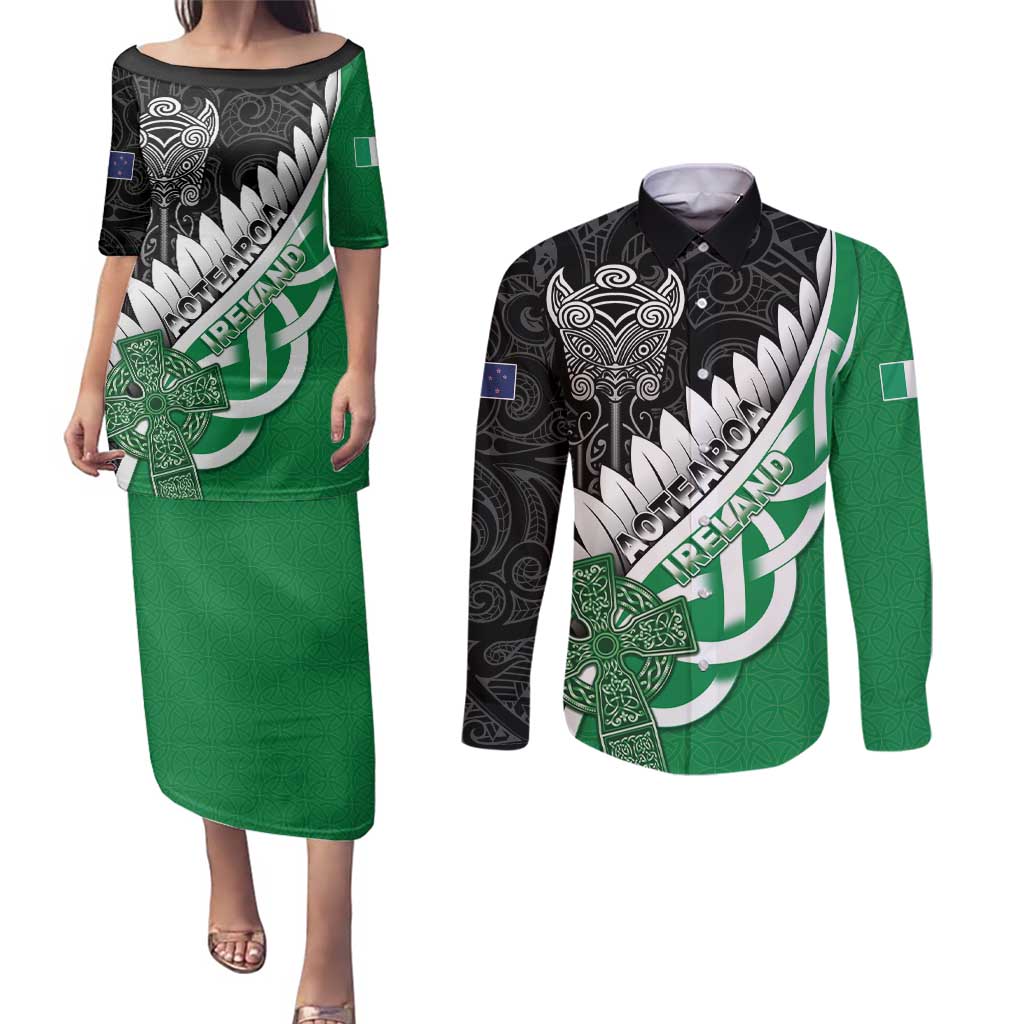 New Zealand And Ireland Rugby Custom Couples Matching Puletasi and Long Sleeve Button Shirt Silver Fern With Celtic Cross LT05 Green - Polynesian Pride