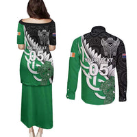 New Zealand And Ireland Rugby Custom Couples Matching Puletasi and Long Sleeve Button Shirt Silver Fern With Celtic Cross LT05 - Polynesian Pride
