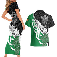 New Zealand And Ireland Rugby Custom Couples Matching Short Sleeve Bodycon Dress and Hawaiian Shirt Silver Fern With Celtic Cross LT05 - Polynesian Pride