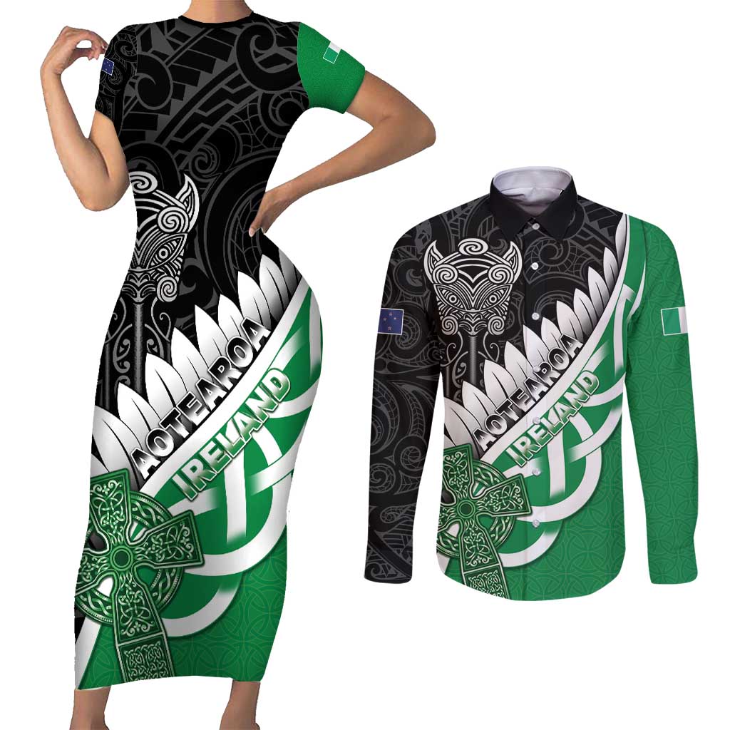New Zealand And Ireland Rugby Custom Couples Matching Short Sleeve Bodycon Dress and Long Sleeve Button Shirt Silver Fern With Celtic Cross LT05 Green - Polynesian Pride