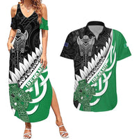 New Zealand And Ireland Rugby Custom Couples Matching Summer Maxi Dress and Hawaiian Shirt Silver Fern With Celtic Cross LT05 Green - Polynesian Pride