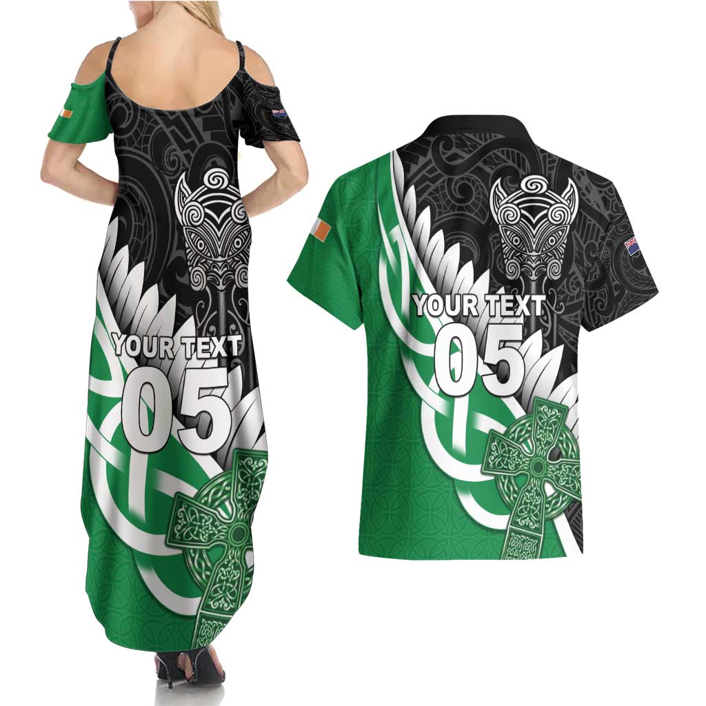 New Zealand And Ireland Rugby Custom Couples Matching Summer Maxi Dress and Hawaiian Shirt Silver Fern With Celtic Cross LT05 - Polynesian Pride