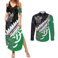 New Zealand And Ireland Rugby Custom Couples Matching Summer Maxi Dress and Long Sleeve Button Shirt Silver Fern With Celtic Cross LT05 Green - Polynesian Pride