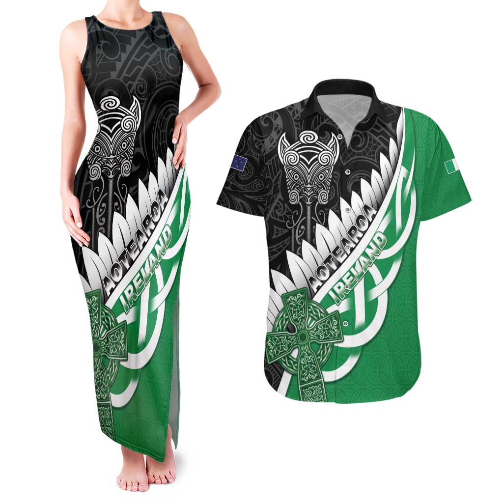 New Zealand And Ireland Rugby Custom Couples Matching Tank Maxi Dress and Hawaiian Shirt Silver Fern With Celtic Cross LT05 Green - Polynesian Pride