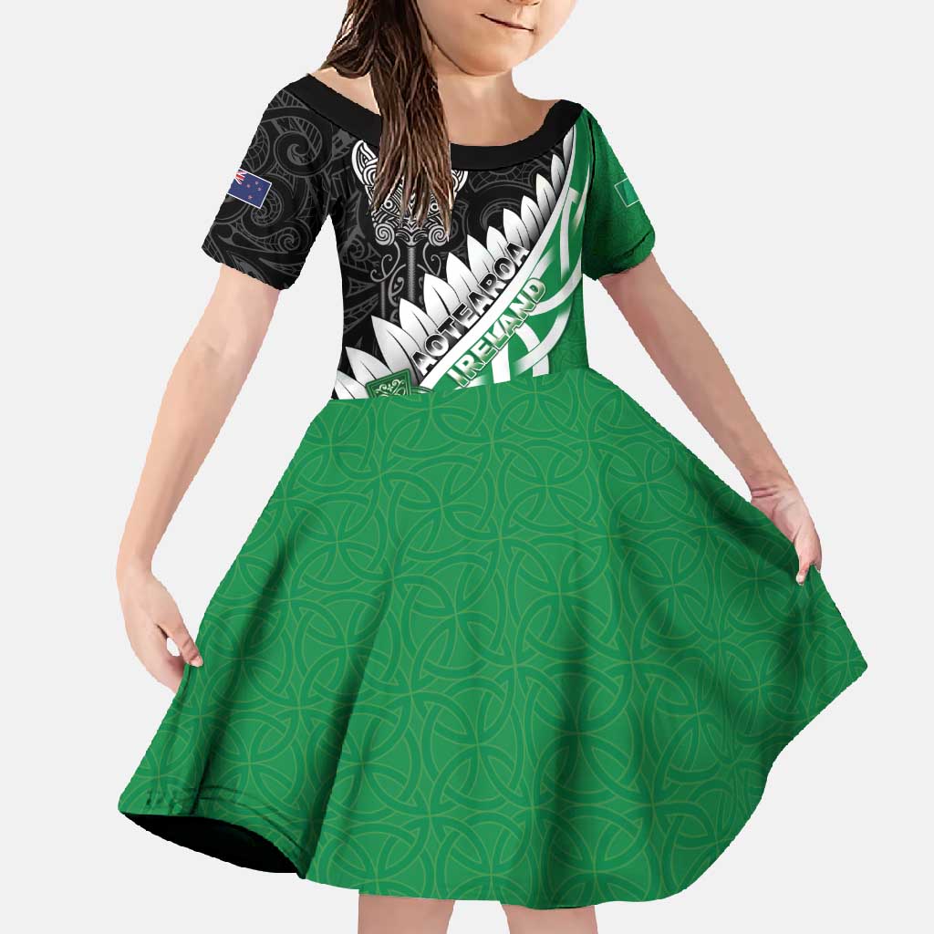 New Zealand And Ireland Rugby Custom Family Matching Long Sleeve Bodycon Dress and Hawaiian Shirt Silver Fern With Celtic Cross LT05 Daughter's Dress Green - Polynesian Pride