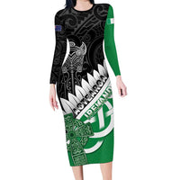New Zealand And Ireland Rugby Custom Family Matching Long Sleeve Bodycon Dress and Hawaiian Shirt Silver Fern With Celtic Cross LT05 Mom's Dress Green - Polynesian Pride