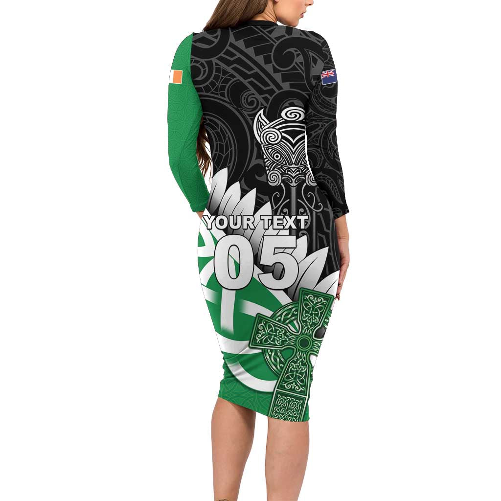 New Zealand And Ireland Rugby Custom Family Matching Long Sleeve Bodycon Dress and Hawaiian Shirt Silver Fern With Celtic Cross LT05 - Polynesian Pride