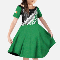 New Zealand And Ireland Rugby Custom Family Matching Off Shoulder Maxi Dress and Hawaiian Shirt Silver Fern With Celtic Cross LT05 Daughter's Dress Green - Polynesian Pride