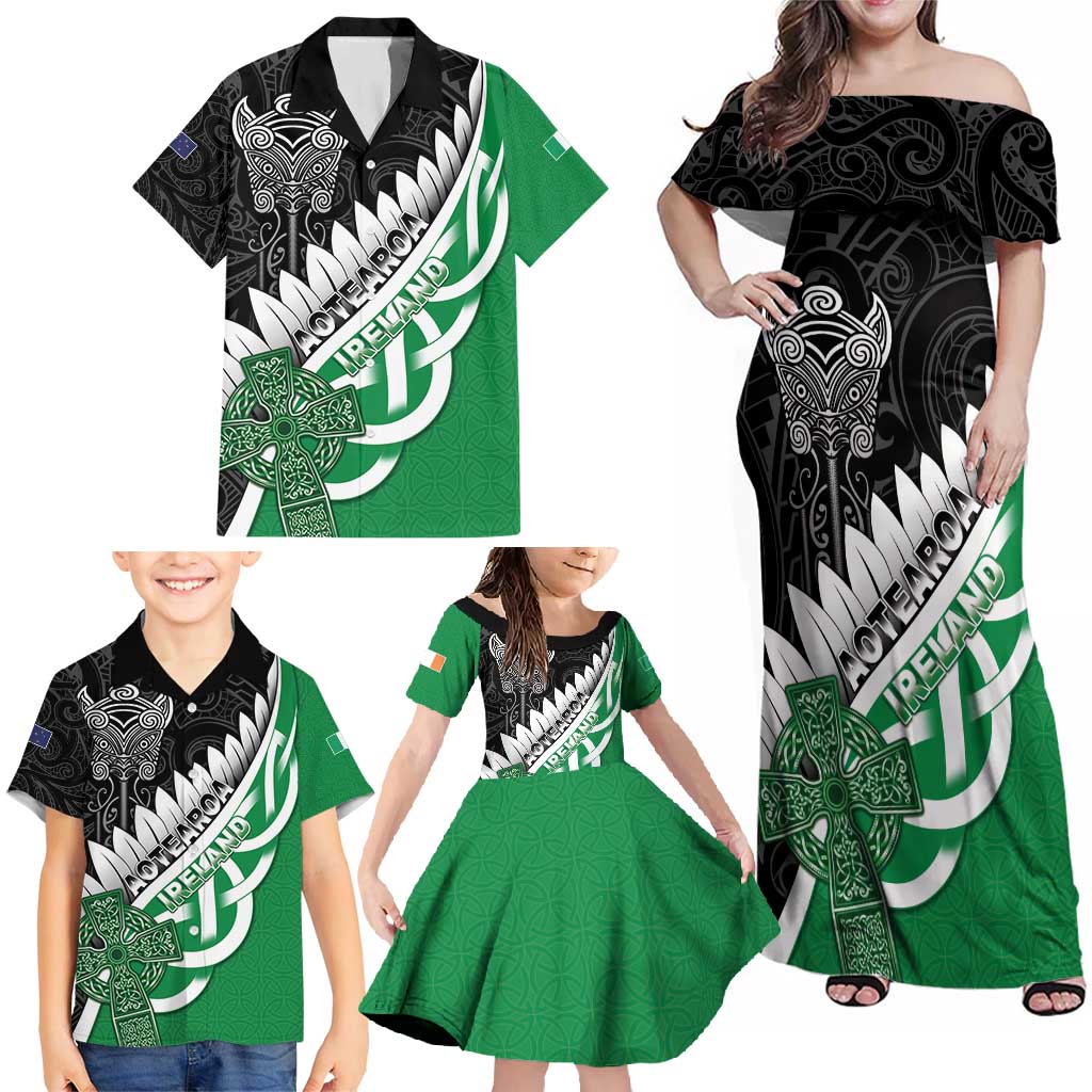 New Zealand And Ireland Rugby Custom Family Matching Off Shoulder Maxi Dress and Hawaiian Shirt Silver Fern With Celtic Cross LT05 - Polynesian Pride