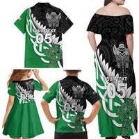 New Zealand And Ireland Rugby Custom Family Matching Off Shoulder Maxi Dress and Hawaiian Shirt Silver Fern With Celtic Cross LT05 - Polynesian Pride