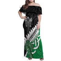 New Zealand And Ireland Rugby Custom Family Matching Off Shoulder Maxi Dress and Hawaiian Shirt Silver Fern With Celtic Cross LT05 Mom's Dress Green - Polynesian Pride
