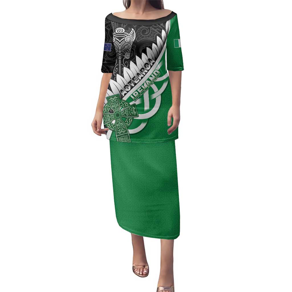 New Zealand And Ireland Rugby Custom Family Matching Puletasi and Hawaiian Shirt Silver Fern With Celtic Cross LT05 Mom's Dress Green - Polynesian Pride