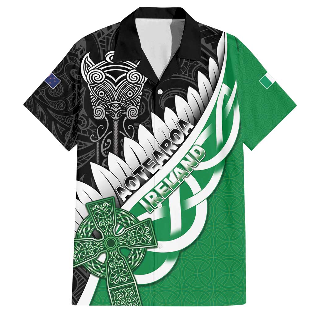 New Zealand And Ireland Rugby Custom Family Matching Summer Maxi Dress and Hawaiian Shirt Silver Fern With Celtic Cross LT05 Dad's Shirt - Short Sleeve Green - Polynesian Pride