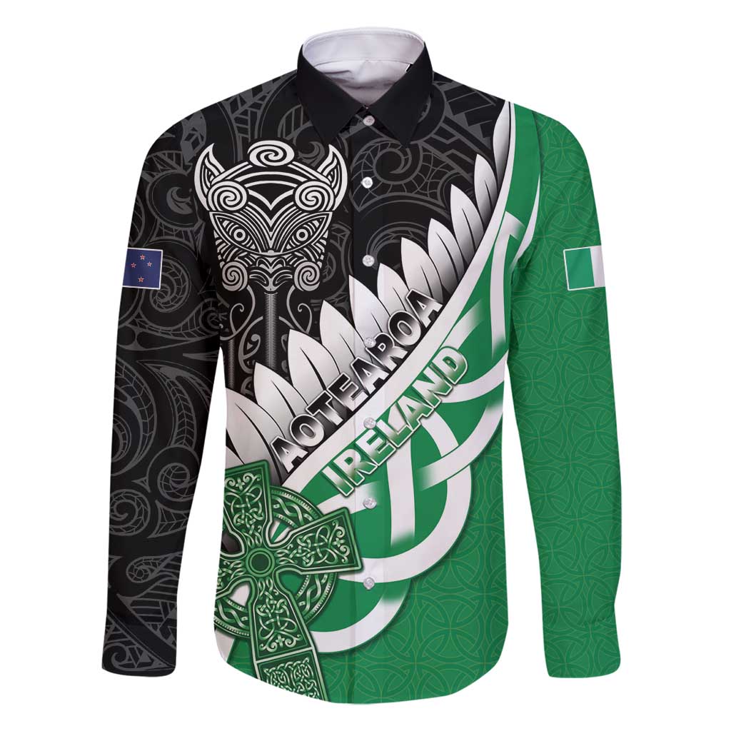 New Zealand And Ireland Rugby Custom Family Matching Summer Maxi Dress and Hawaiian Shirt Silver Fern With Celtic Cross LT05 Dad's Shirt - Long Sleeve Green - Polynesian Pride