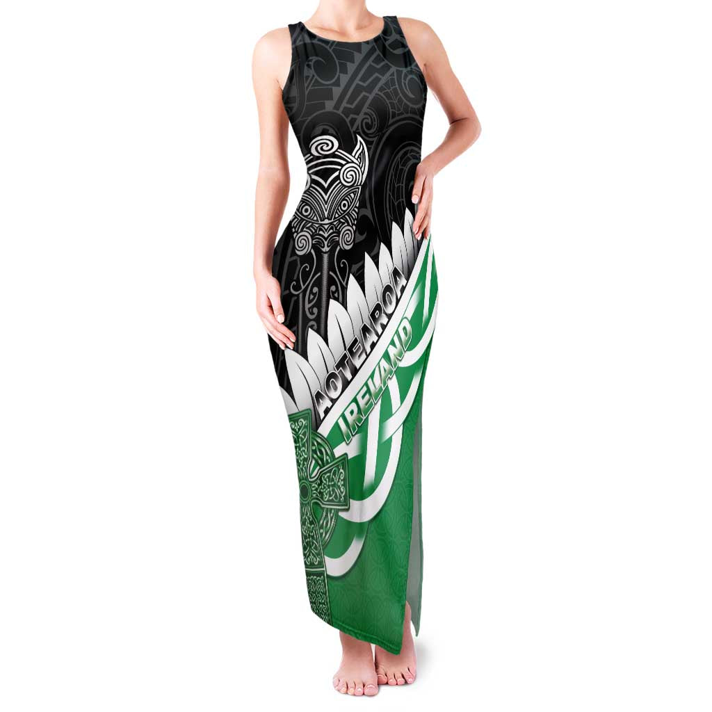 New Zealand And Ireland Rugby Custom Family Matching Tank Maxi Dress and Hawaiian Shirt Silver Fern With Celtic Cross LT05 Mom's Dress Green - Polynesian Pride