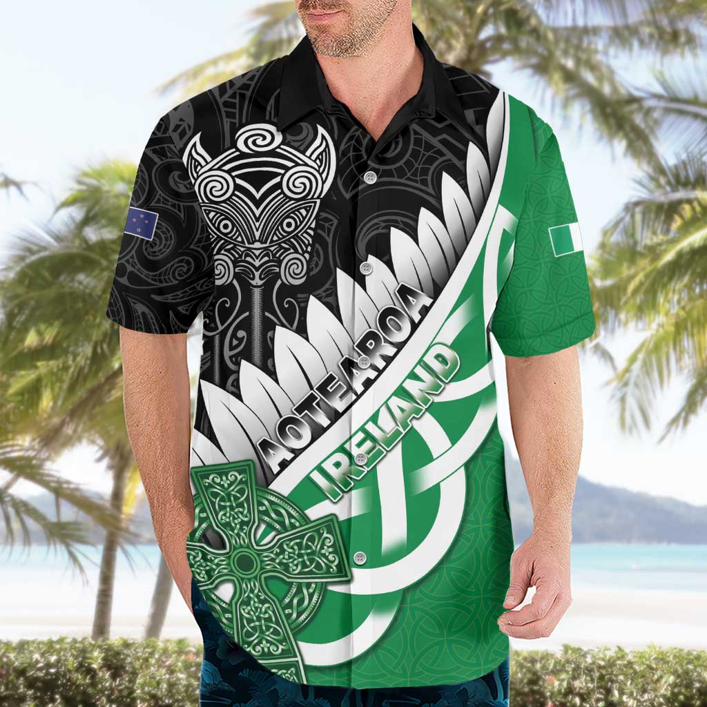 New Zealand And Ireland Rugby Custom Hawaiian Shirt Silver Fern With Celtic Cross LT05 - Polynesian Pride