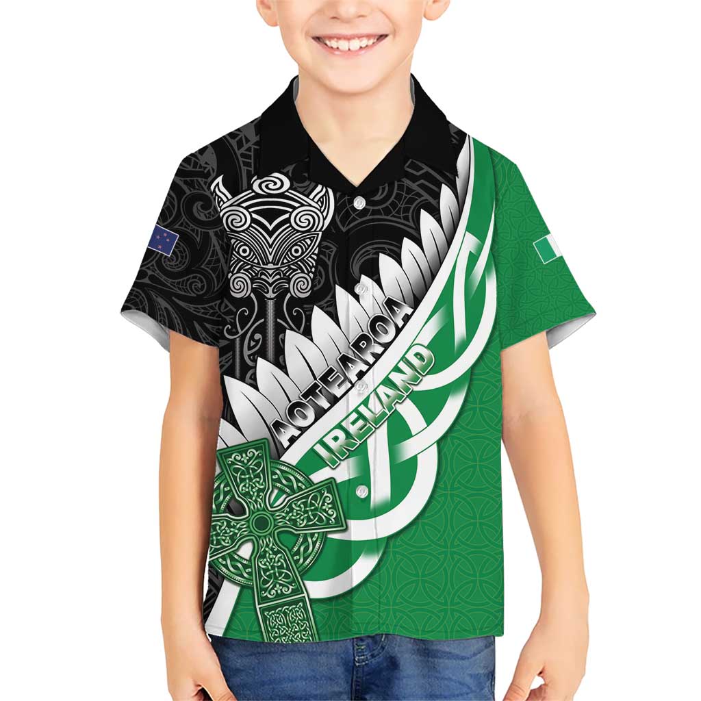 New Zealand And Ireland Rugby Custom Kid Hawaiian Shirt Silver Fern With Celtic Cross LT05 Kid Green - Polynesian Pride