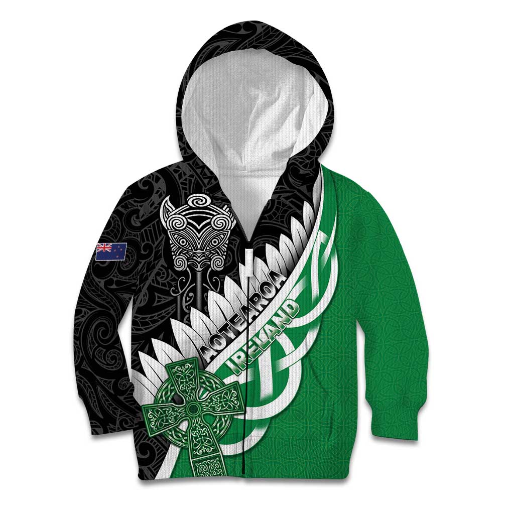 New Zealand And Ireland Rugby Custom Kid Hoodie Silver Fern With Celtic Cross LT05 Zip Hoodie Green - Polynesian Pride