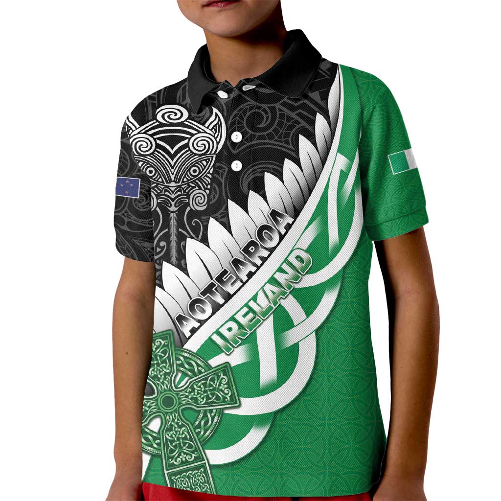 New Zealand And Ireland Rugby Custom Kid Polo Shirt Silver Fern With Celtic Cross LT05 Kid Green - Polynesian Pride