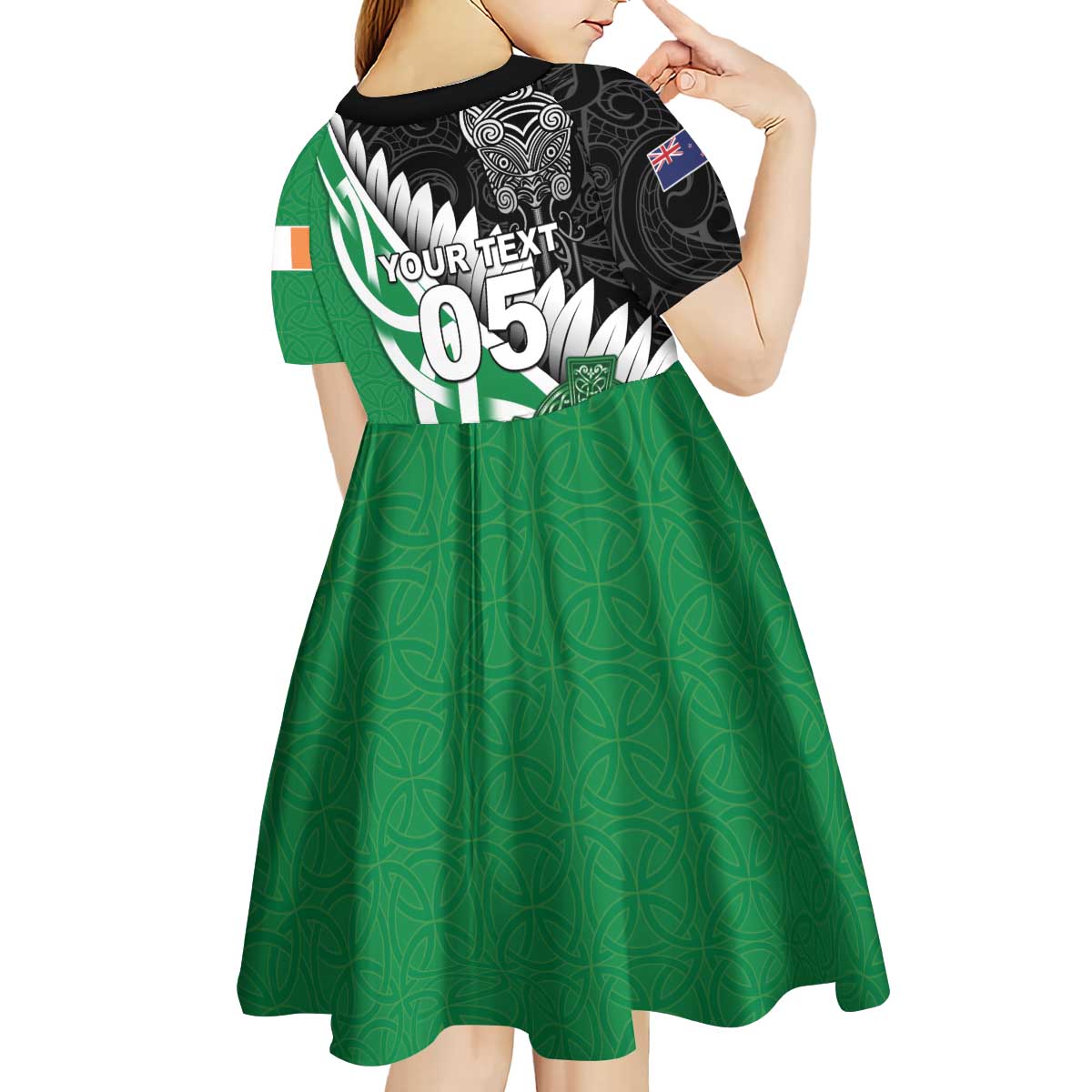 New Zealand And Ireland Rugby Custom Kid Short Sleeve Dress Silver Fern With Celtic Cross LT05 - Polynesian Pride