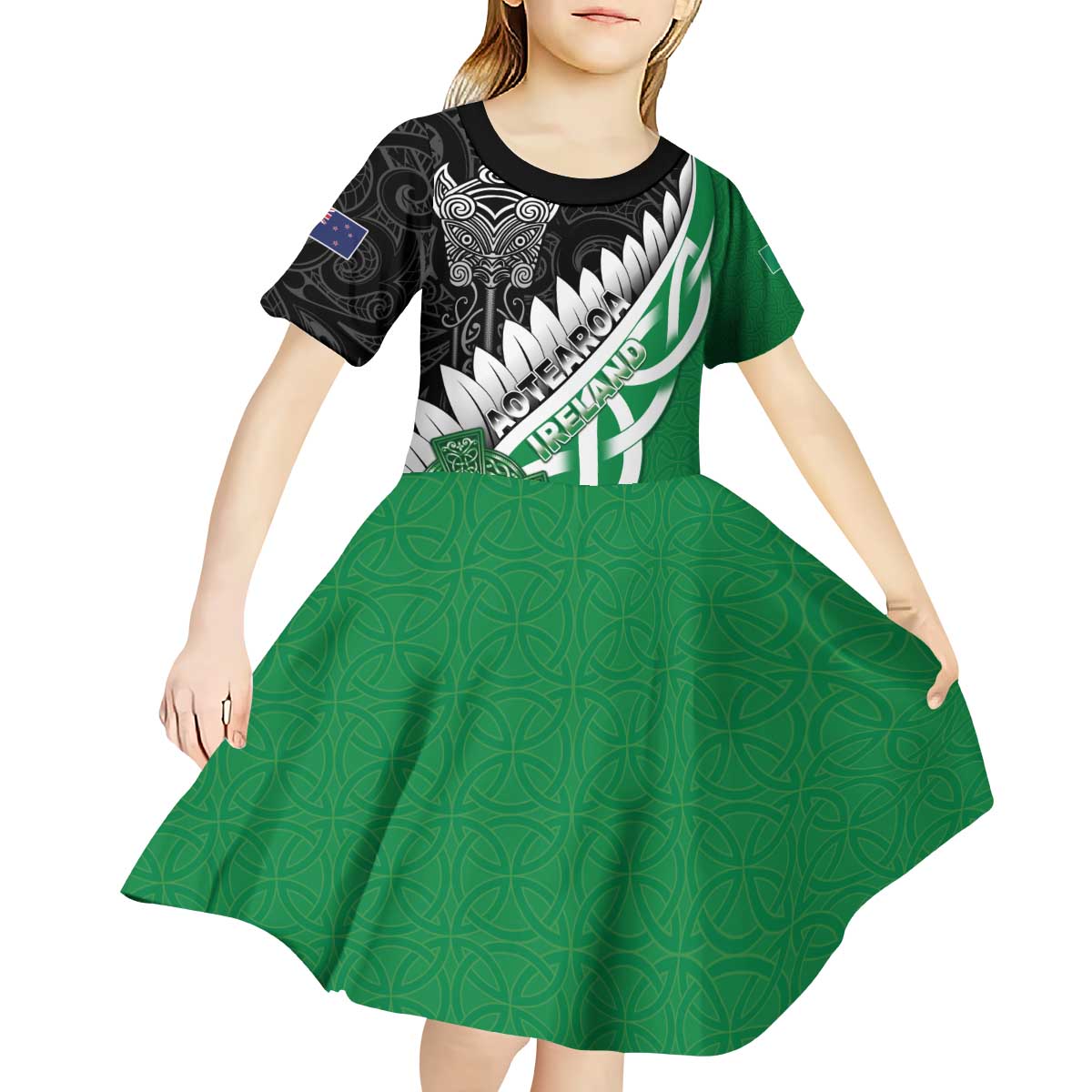 New Zealand And Ireland Rugby Custom Kid Short Sleeve Dress Silver Fern With Celtic Cross LT05 - Polynesian Pride