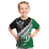 New Zealand And Ireland Rugby Custom Kid T Shirt Silver Fern With Celtic Cross LT05 Green - Polynesian Pride