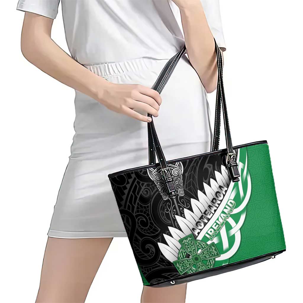 New Zealand And Ireland Rugby Leather Tote Bag Silver Fern With Celtic Cross LT05 - Polynesian Pride