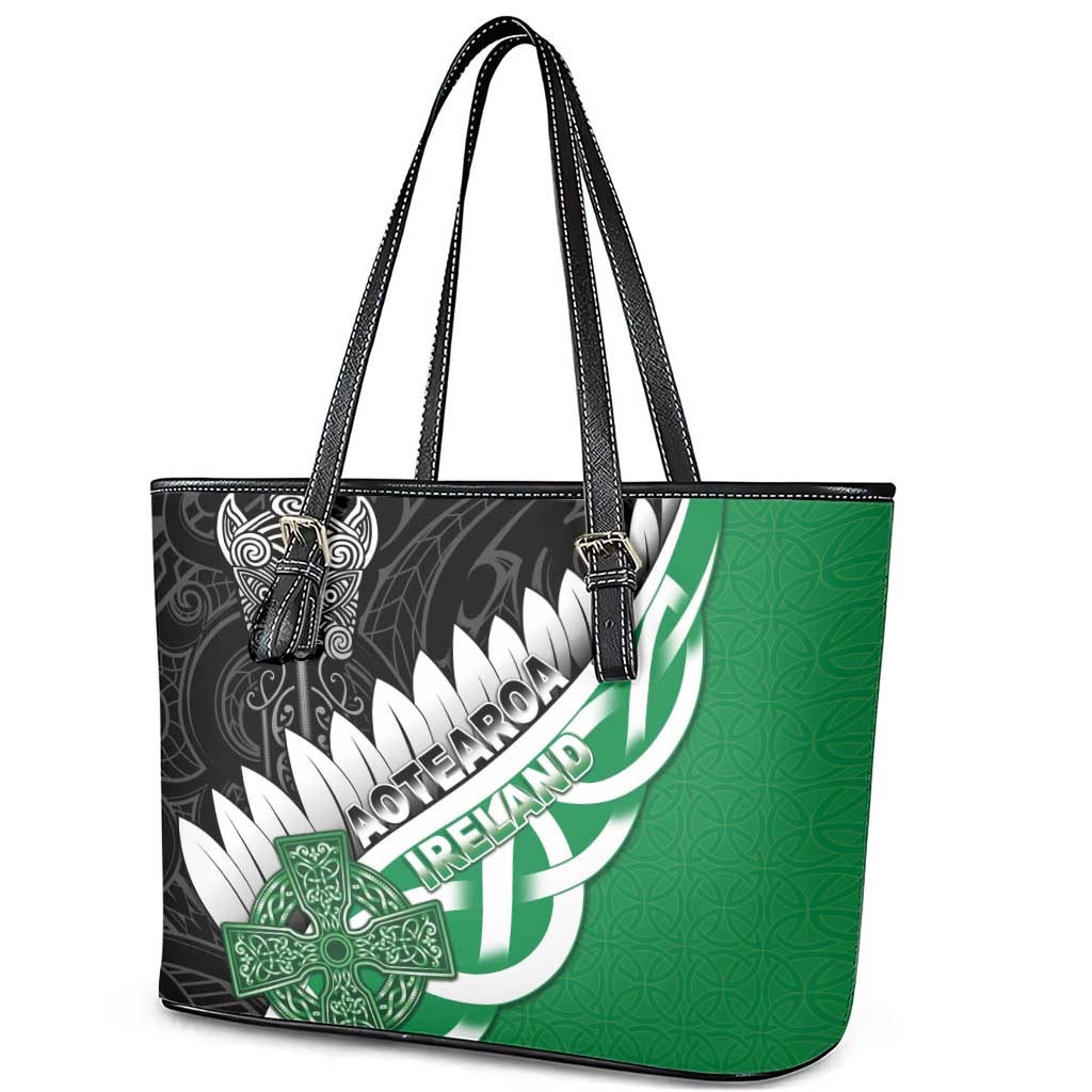 New Zealand And Ireland Rugby Leather Tote Bag Silver Fern With Celtic Cross LT05 - Polynesian Pride