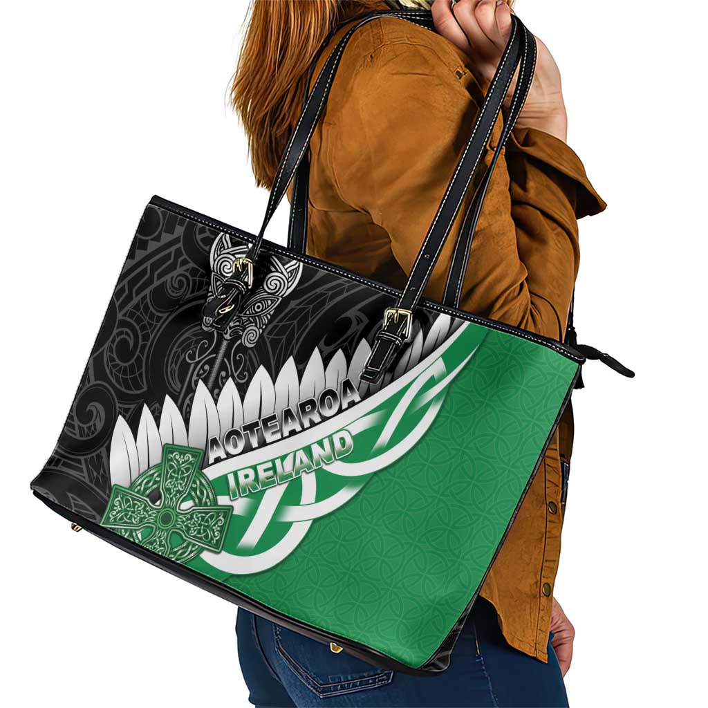 New Zealand And Ireland Rugby Leather Tote Bag Silver Fern With Celtic Cross LT05 - Polynesian Pride