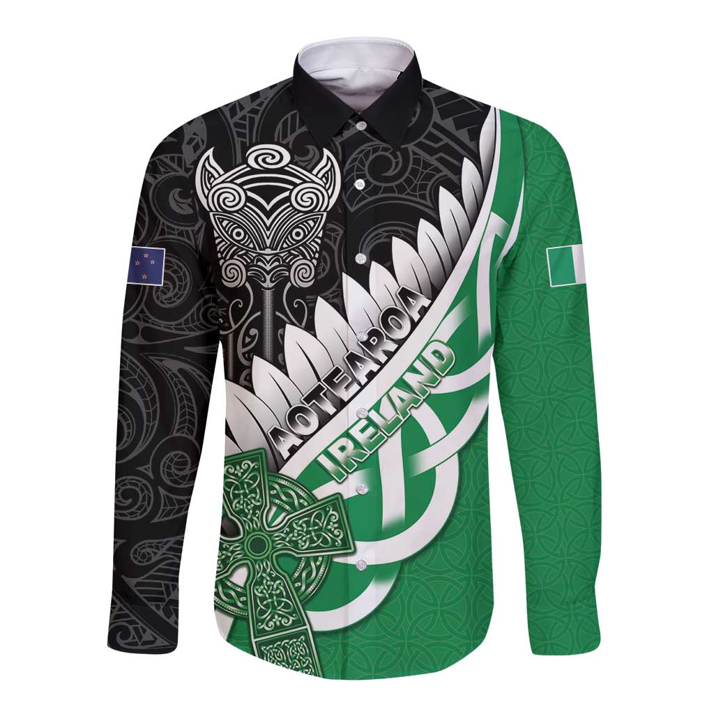 New Zealand And Ireland Rugby Custom Long Sleeve Button Shirt Silver Fern With Celtic Cross LT05 Unisex Green - Polynesian Pride