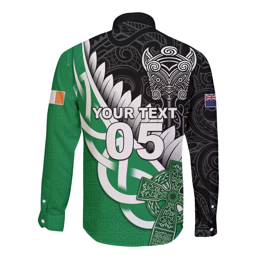New Zealand And Ireland Rugby Custom Long Sleeve Button Shirt Silver Fern With Celtic Cross LT05 - Polynesian Pride