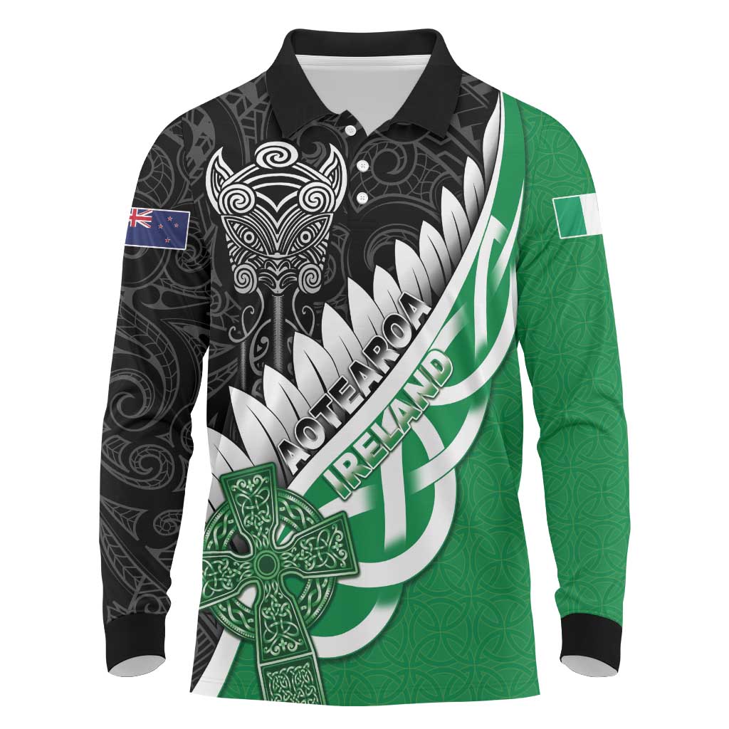 New Zealand And Ireland Rugby Custom Long Sleeve Polo Shirt Silver Fern With Celtic Cross LT05 Green - Polynesian Pride