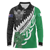New Zealand And Ireland Rugby Custom Long Sleeve Polo Shirt Silver Fern With Celtic Cross LT05 Green - Polynesian Pride